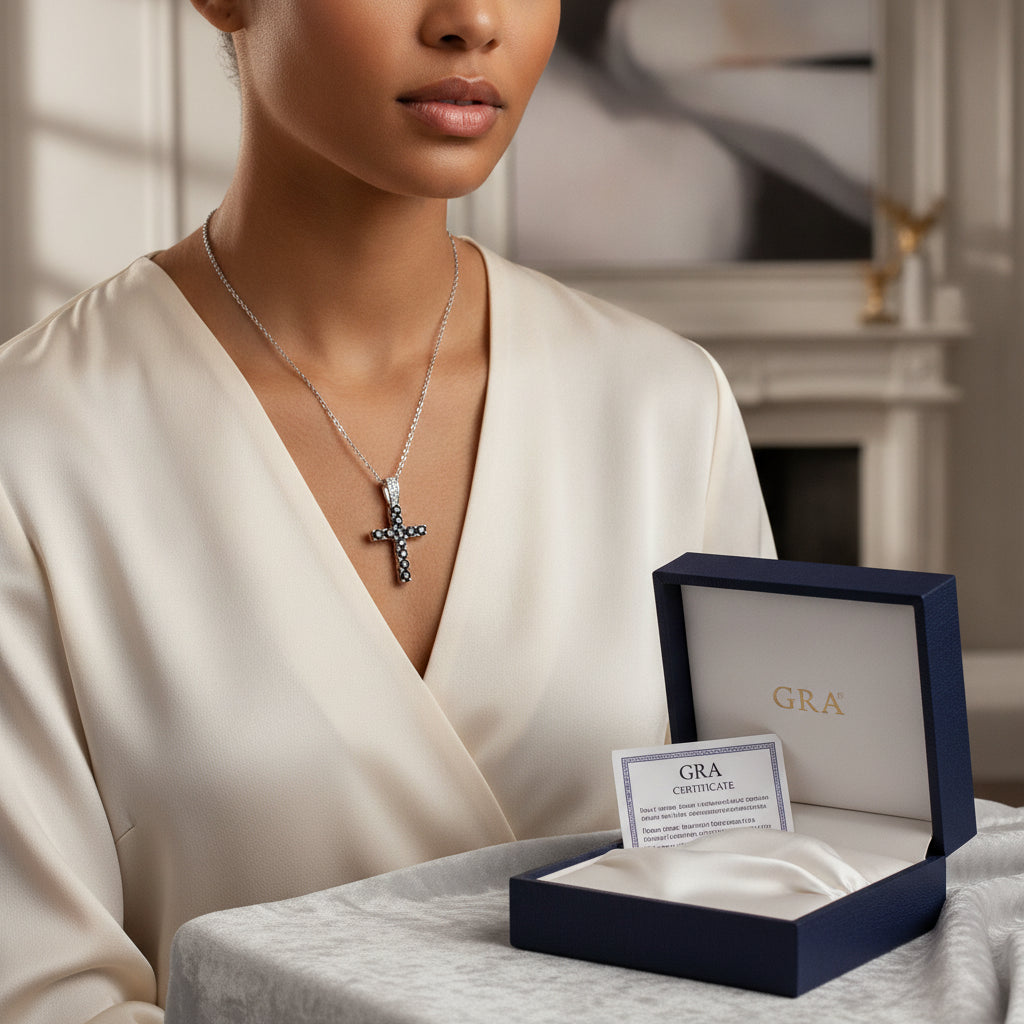 Platinum Plated Ruby and Black Moissanite Cross Necklace