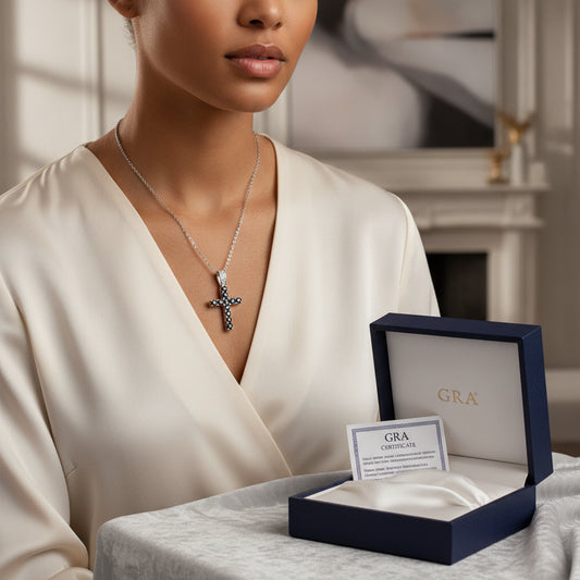 Platinum Plated Ruby and Black Moissanite Cross Necklace
