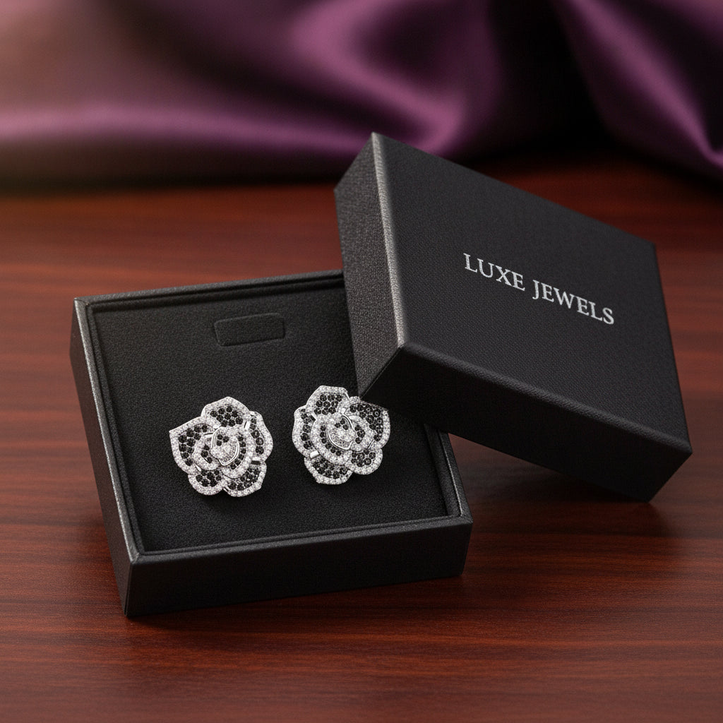 Black & White Moissanite Pave Rose Earrings for Women