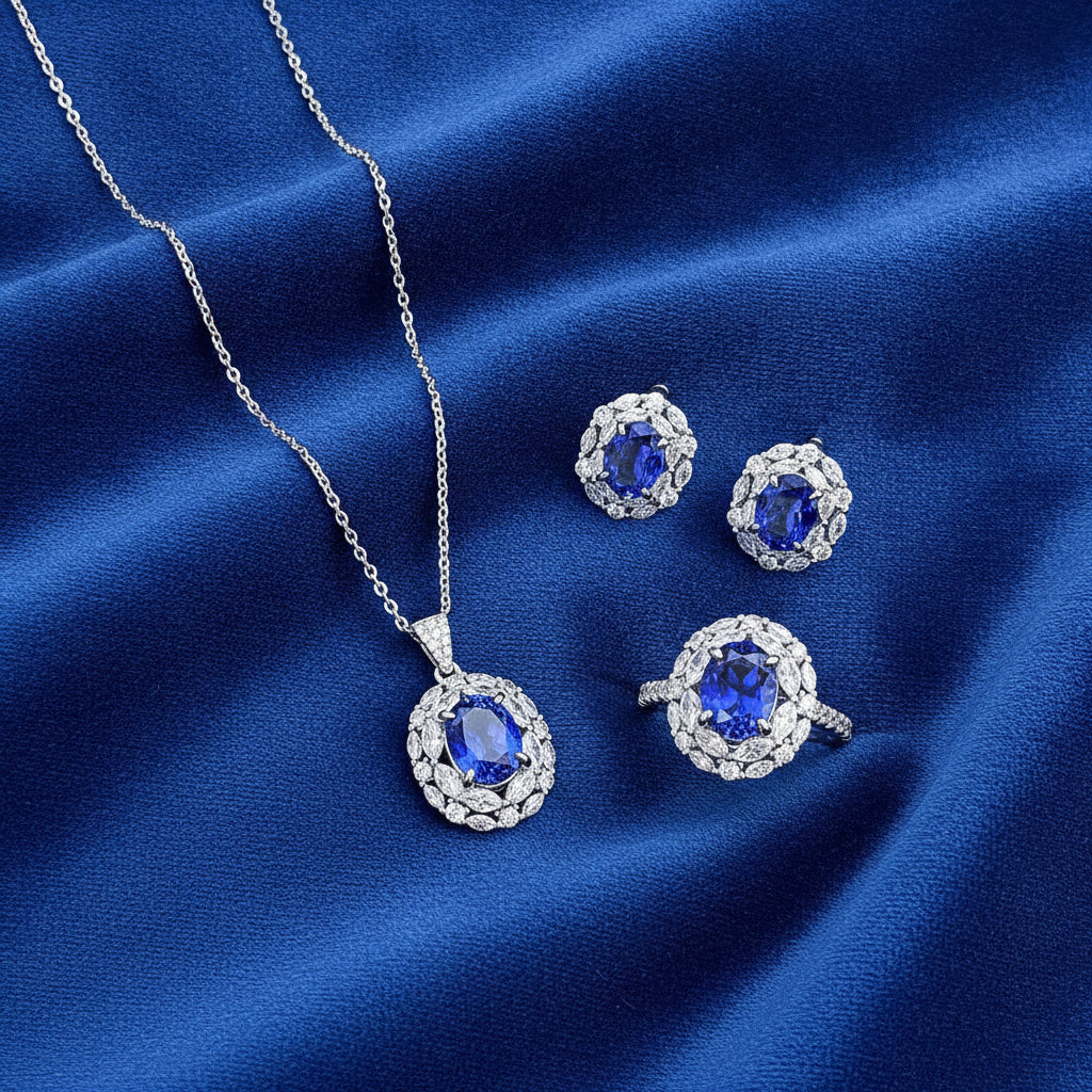 Royal Blue Oval Halo 925 Sterling Silver Necklace