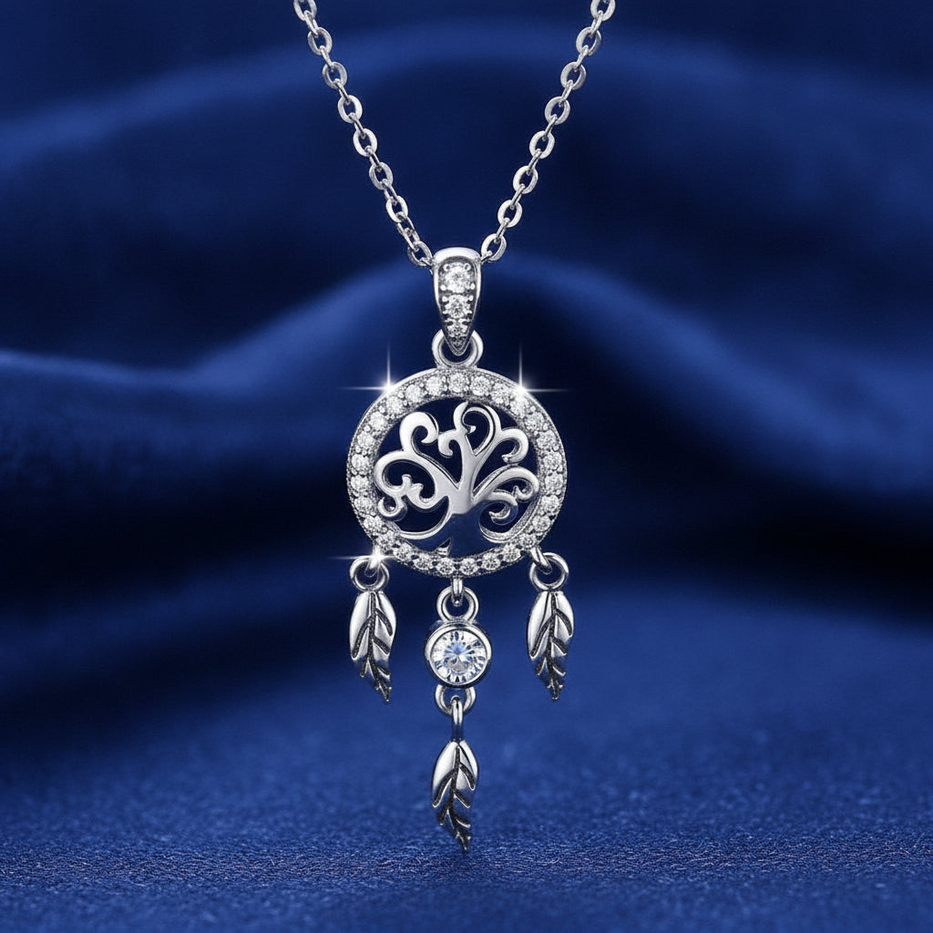 Silver Diamond Inlaid Tree Of Life Necklace Unisex