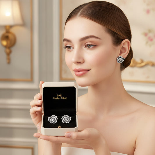 Black & White Moissanite Pave Rose Earrings for Women