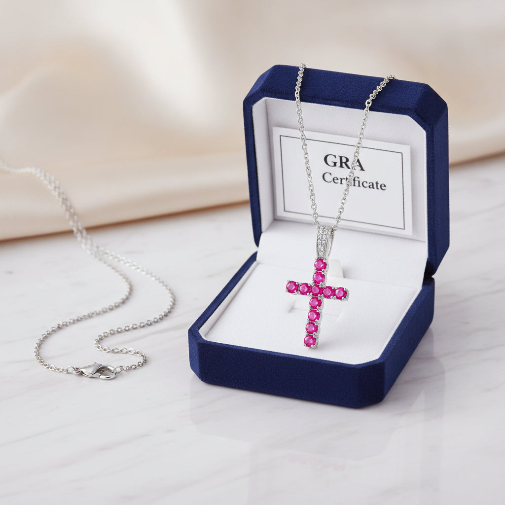 Platinum Plated Ruby and Black Moissanite Cross Necklace