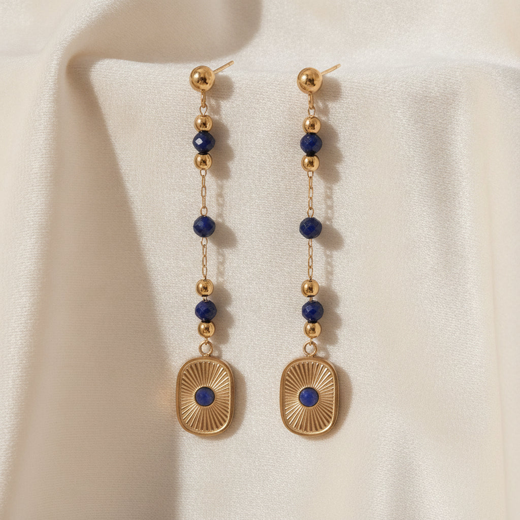 Lapis Lazuli Gold Plated Stainless Steel Trendy Beaded Long Necklace Bracelet Tassel Earrings Set