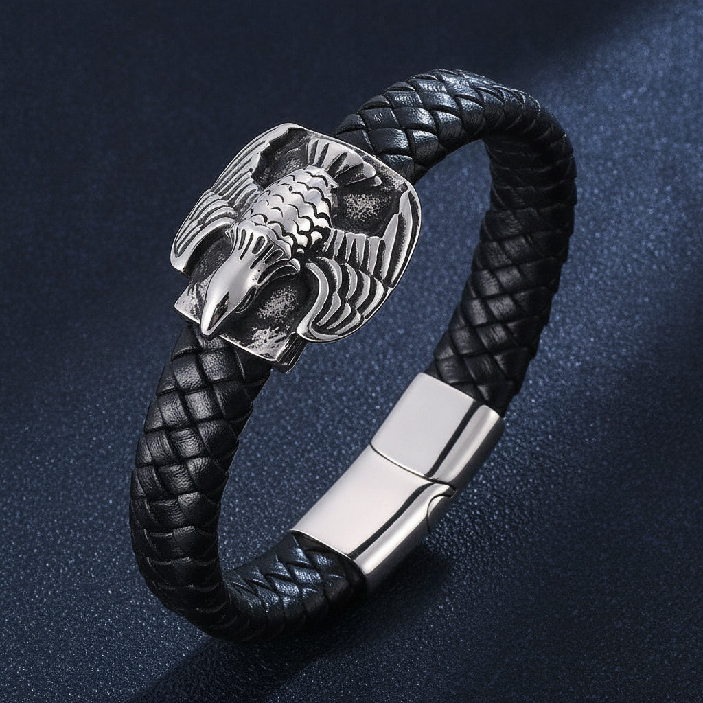 Stainless Steel Braided Leather Bracelet Unisex Bold Eagle Personalized Vintage Punk Jewelry