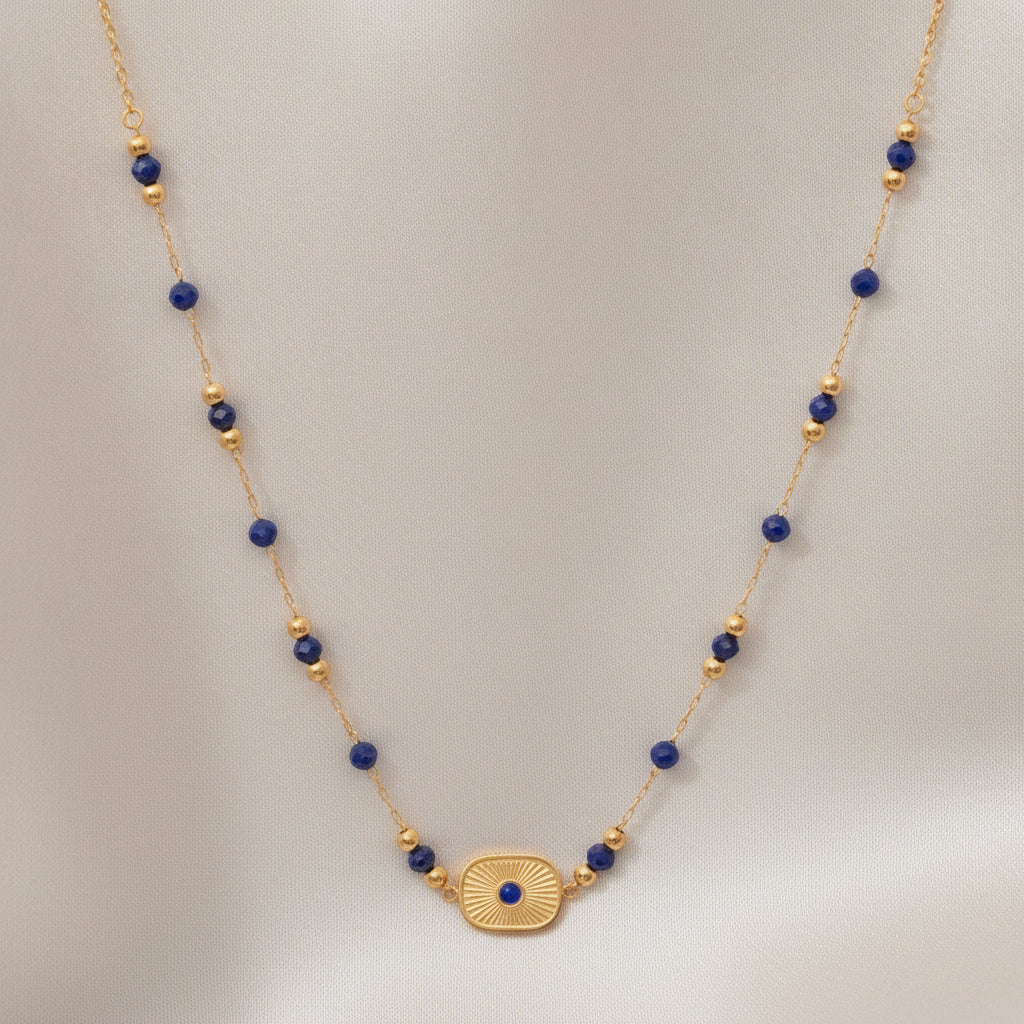 Lapis Lazuli Gold Plated Stainless Steel Trendy Beaded Long Necklace Bracelet Tassel Earrings Set