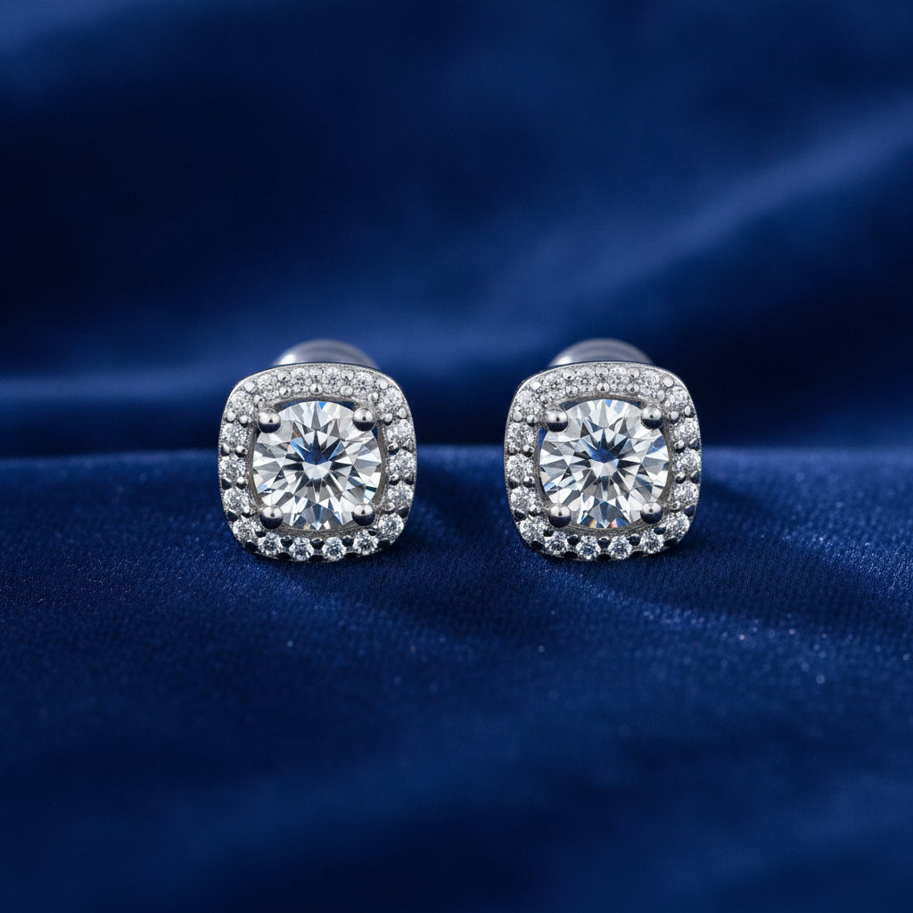 Square Moissanite Platinum Plated S925 Silver Stud Earrings