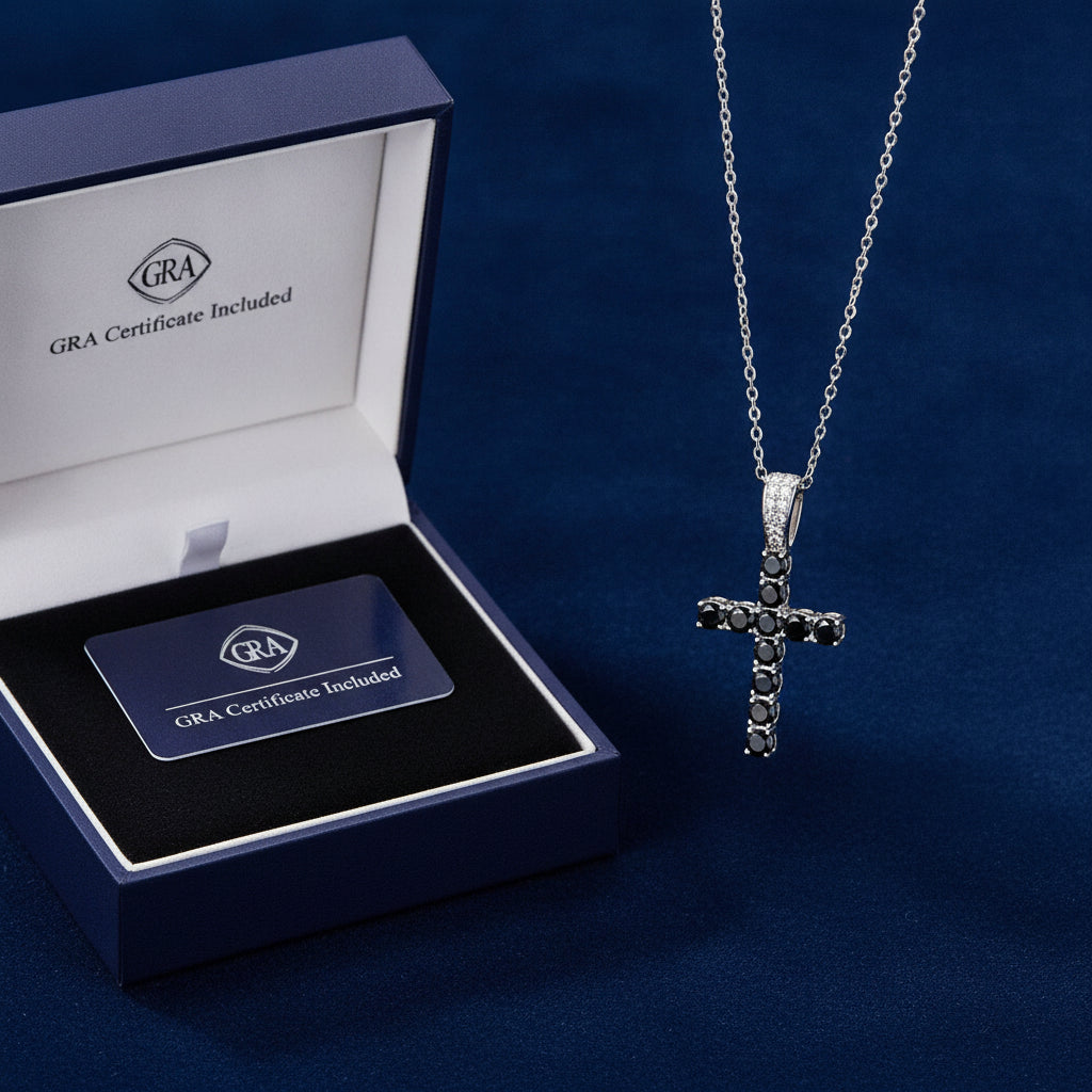 Platinum Plated Ruby and Black Moissanite Cross Necklace