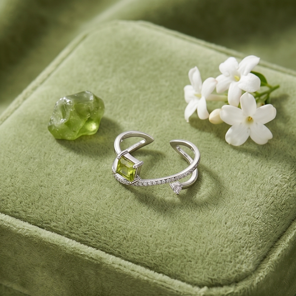 Genuine Peridot Geometric Ring – S925 Sterling Silver Adjustable Band
