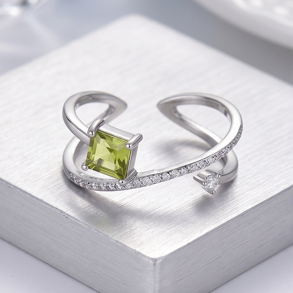 Genuine Peridot Geometric Ring – S925 Sterling Silver Adjustable Band