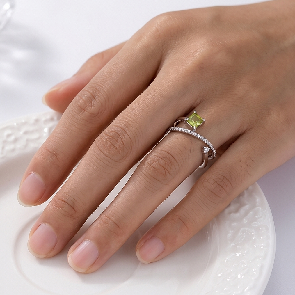 Genuine Peridot Geometric Ring – S925 Sterling Silver Adjustable Band