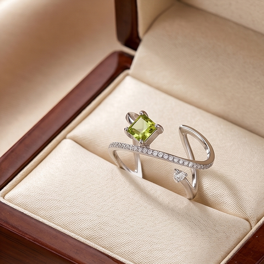 Genuine Peridot Geometric Ring – S925 Sterling Silver Adjustable Band