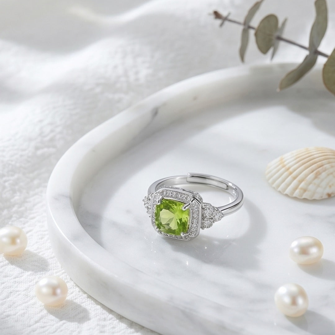 Luxury Cushion Cut Peridot Ring for Women - Adjustable S925 Sterling Silver Light Green Gemstone Ring