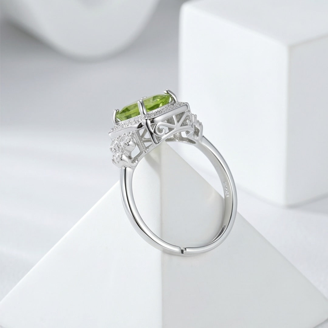 Luxury Cushion Cut Peridot Ring for Women - Adjustable S925 Sterling Silver Light Green Gemstone Ring