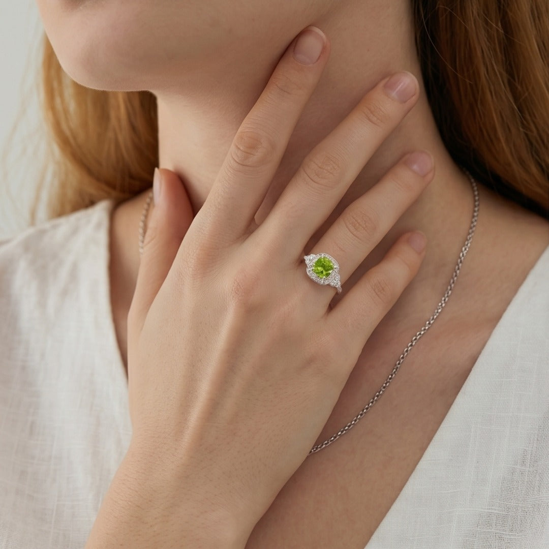 Luxury Cushion Cut Peridot Ring for Women - Adjustable S925 Sterling Silver Light Green Gemstone Ring