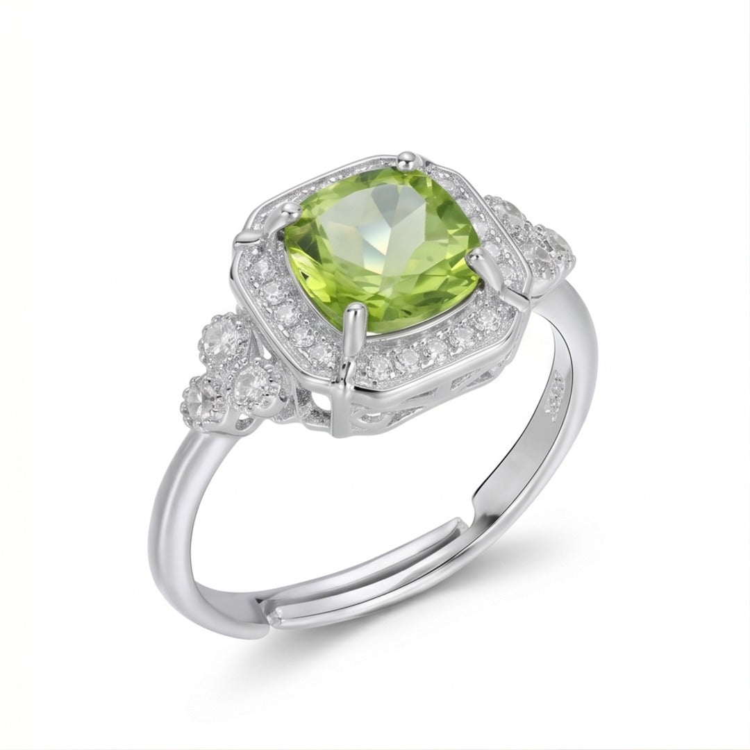 Luxury Cushion Cut Peridot Ring for Women - Adjustable S925 Sterling Silver Light Green Gemstone Ring