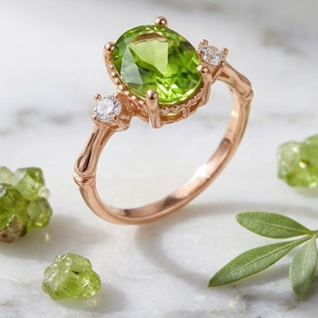 925 Sterling Silver Natural Peridot Adjustable Ring - White Gold Plated Geometric Jewelry for Women