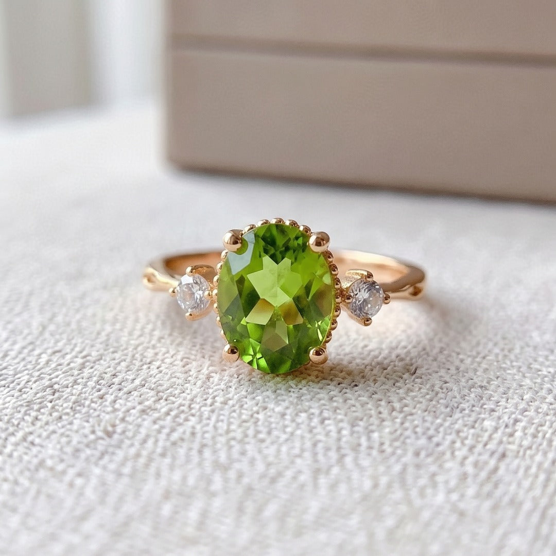 925 Sterling Silver Natural Peridot Adjustable Ring - White Gold Plated Geometric Jewelry for Women