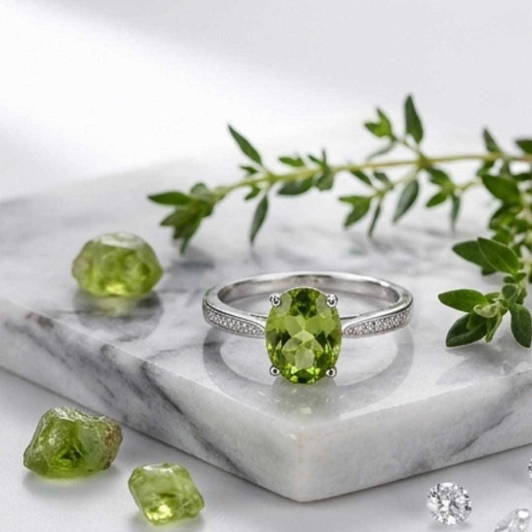 Natural Oval Peridot Ring in 925 Sterling Silver - Elegant Colorful Gemstone Solitaire Jewelry for Women