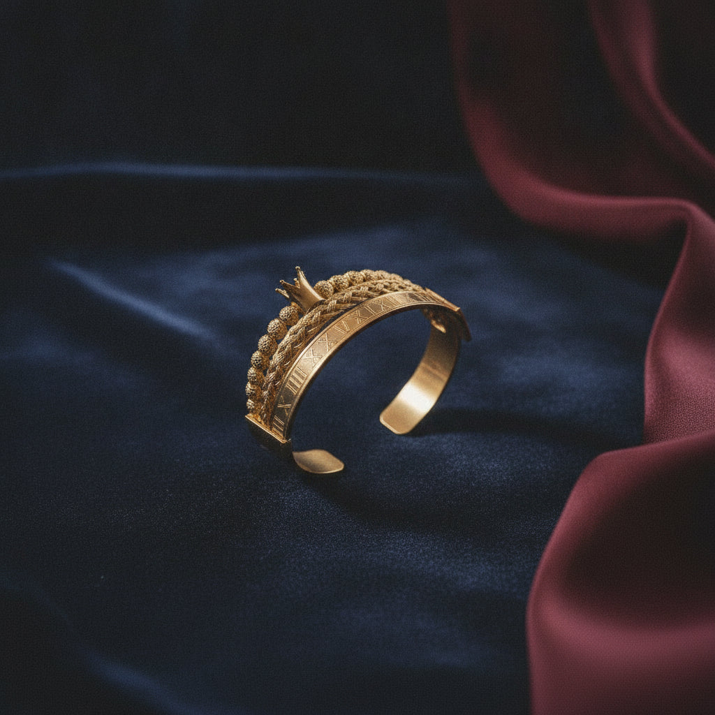 Men's Luxury 18K Gold Plated Stainless Steel Roman Crown Charm Bracelet Adjustable Zircon Couple Gift